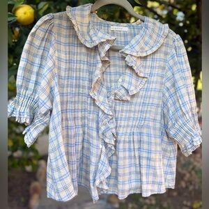 Doen Blue and Cream Plaid Blouse